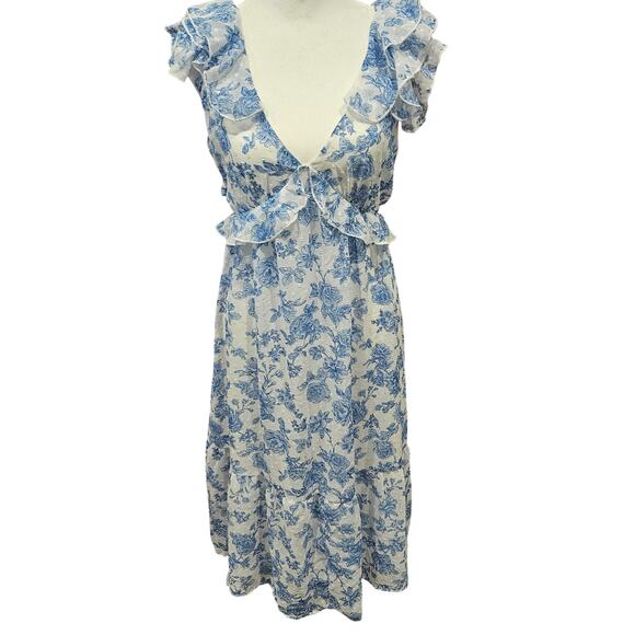 Trixxi large open back floral midi dress coastal sheer lined blue - Picture 1 of 8